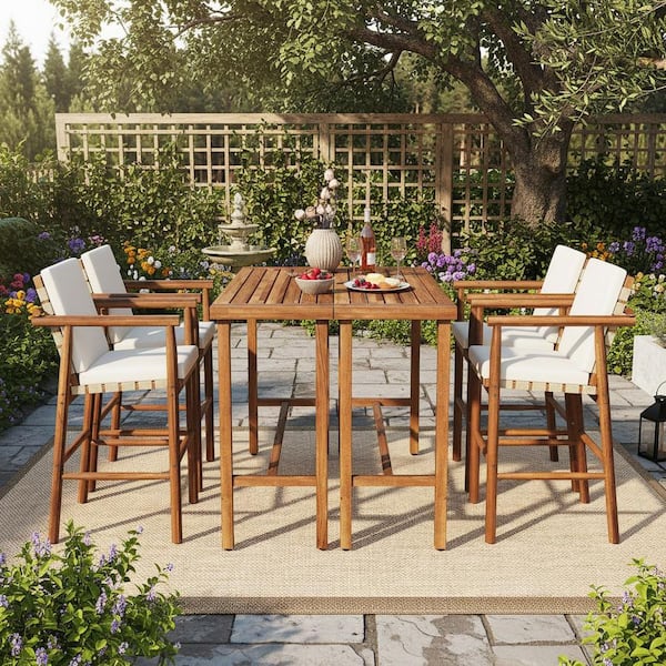 All-Weather 6-Piece Acacia Wood Outdoor Bar Set, Patio Dining Set