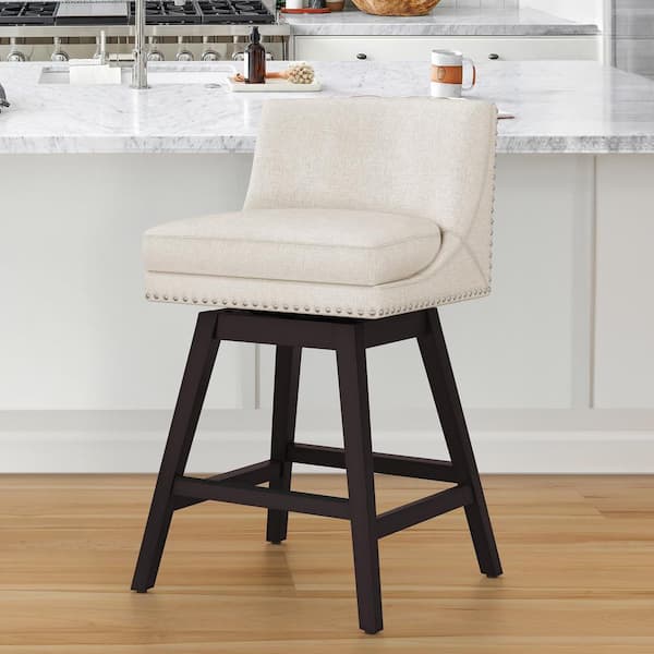 cozyman Zorro 27 in.Linen Fabric Upholstered Swivel Counter Stool Wood Frame Double Cushion Swivel Bar Stool