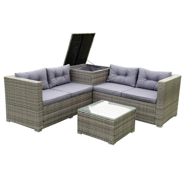 maocao hoom Gray 4-Piece Wicker Outdoor Patio Conversation Set Sectional Set with Gray Cushions