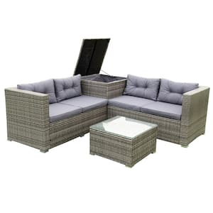 Gray 4-Piece Wicker Outdoor Patio Conversation Set Sectional Set with Gray Cushions