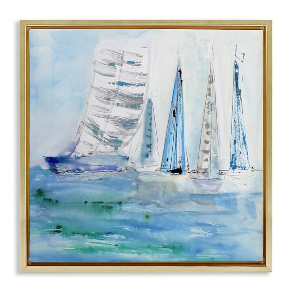 Stupell Industries Maritime Outlined Sailboats by Val Rhodes Gold Floater Frame Typography Graphic Art Print 18 in. x 18 in.