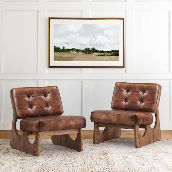LUE BONA Red Oak Wood Frame Red Brown Modern Oversized Faux Leather Accent Slipper Chair (Set of 2)