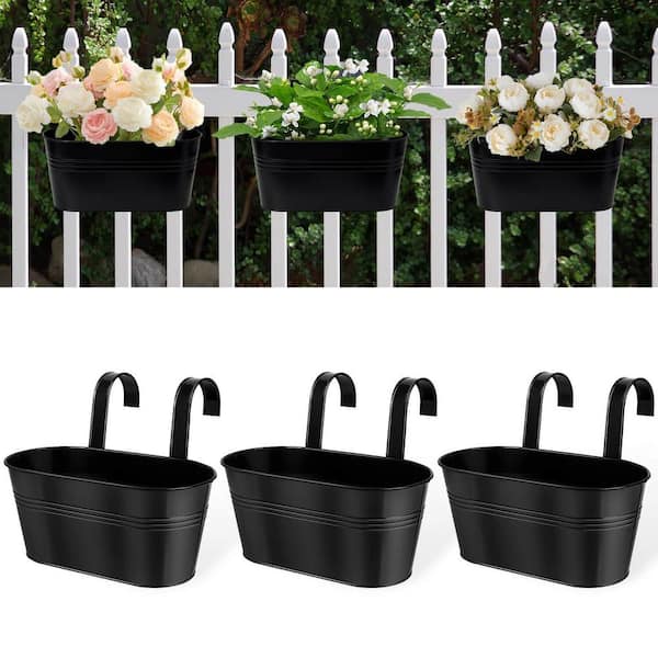 Metal Railing Planter,Black Oval Hanging Pots with Hook for Balcony Fence Window Home Depot (3-Pack)