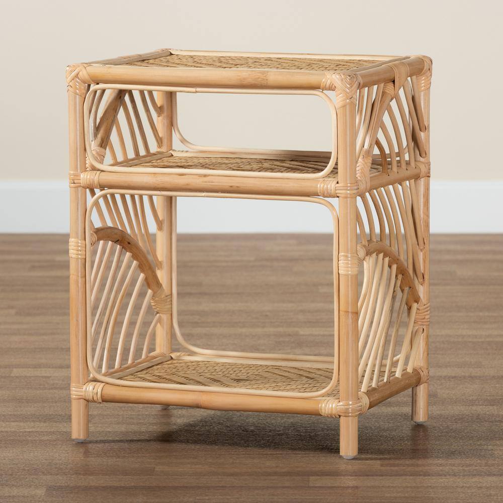 Baara Natural Brown Rattan Bohemian Nightstand with Shelves