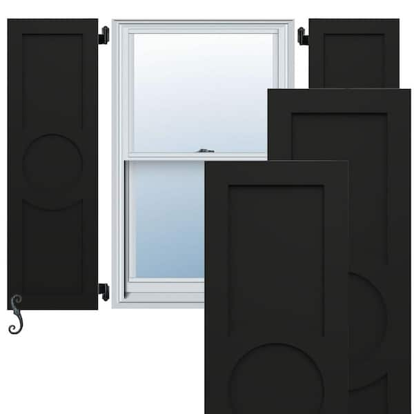 Ekena Millwork EnduraCore Center Circle Arts And Crafts 18 in. W x 32 in. H Raised Panel Composite Shutters Pair in Black