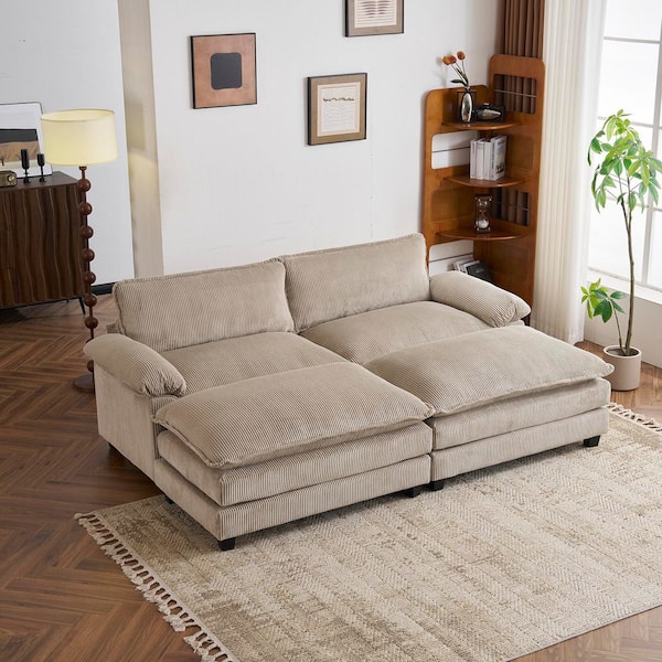 Multi-Cushion's Beta Collection 90 in.Wide Pillow Top Arm Corduroy Modern Loveseats with 2 Ottoman in Brown