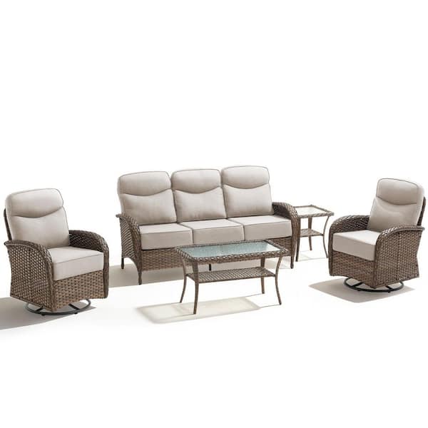 High Crescent 5-Piece Brown Wicker Patio Conversation Set with Beige Cushions