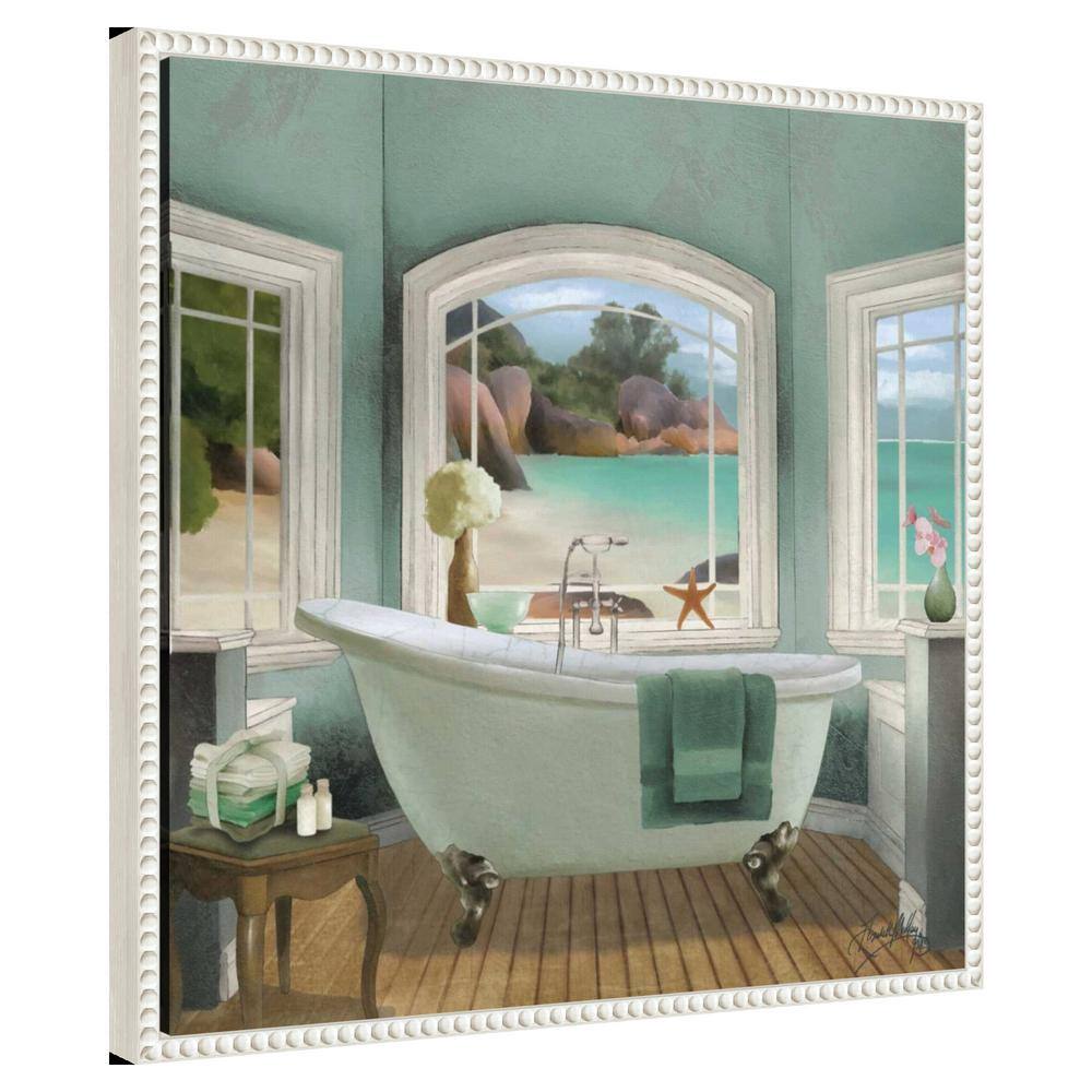 Serene Coastal Bath Scene Canvas Art with White Frame