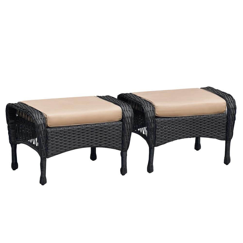 2 Piece Wicker Outdoor Ottomans, Footrest Seat with khaki Zippered Cushions