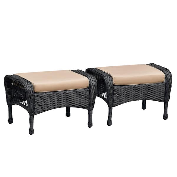 Unbranded 2 Piece Wicker Outdoor Ottomans, Footrest Seat with khaki Zippered Cushions, 3-in-1 Footstool for Poolside, Backyard