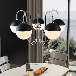 Modern Classic 5-Light Brushed Nickel Large Chandelier with Polished Opal Glass Shades for Dining Room