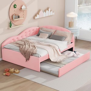 Pink Wood Frame Full Size PU Leather Upholstered Daybed with Twin Size Trundle, Button-Tufted Cloud-Shaped Guardrail