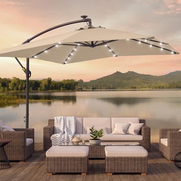 8.2 ft. Solar LED Steel Pole and Ribs Square Outdoor Cantilever Offset Hanging Patio Umbrellas in Sand