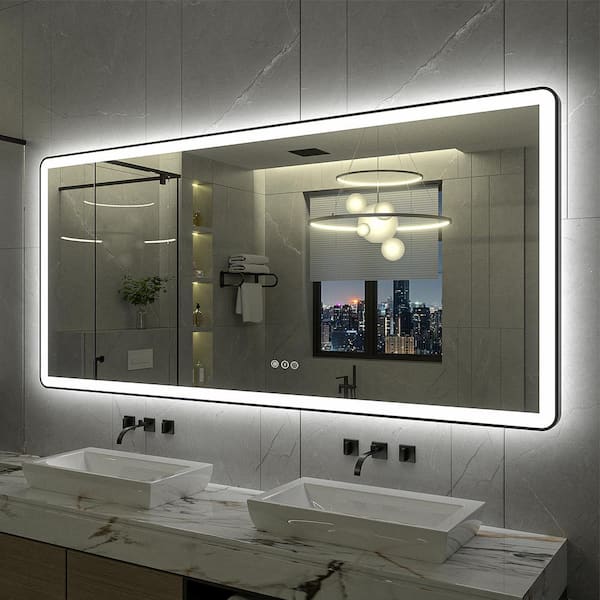 Apmir 60 in. W x 28 in. H Rectangular Framed Front and Back LED Lighted Anti-Fog Wall Bathroom Vanity Mirror in Tempered Glass