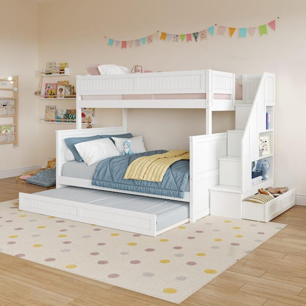 Dover White Solid Wood Frame Twin Over Full Staircase Bunk Bed with Storage Drawer and Twin Trundle