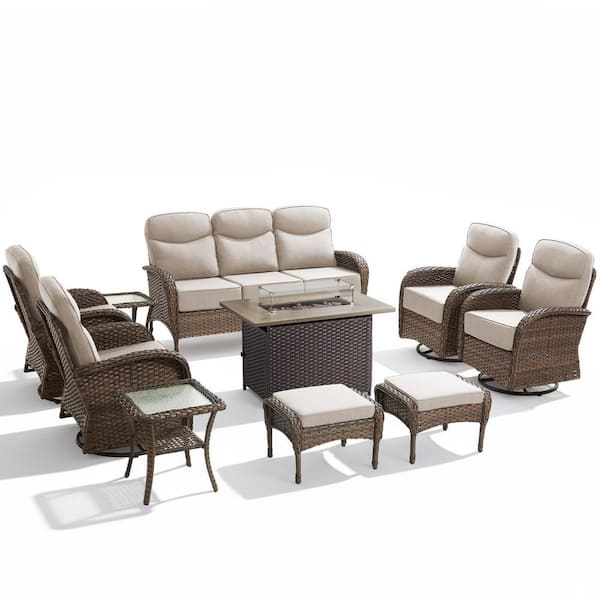 High Crescent 10-Piece Brown Wicker Patio Conversation Set with Beige Cushions and Wicker Fire Pit Table