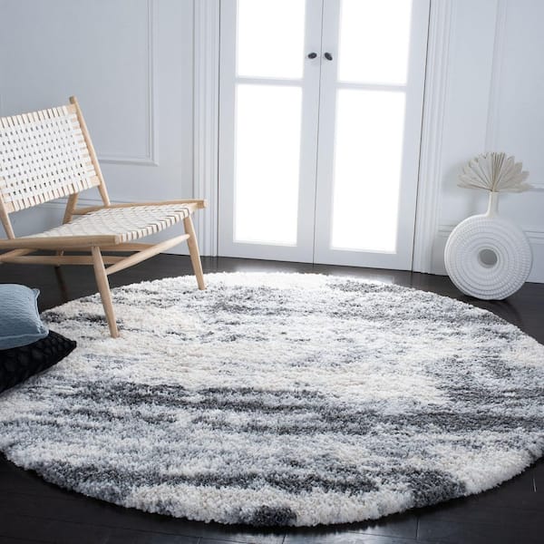 Fontana Shag 10 ft. x 10 ft. Gray/Ivory Distressed Round Area Rug