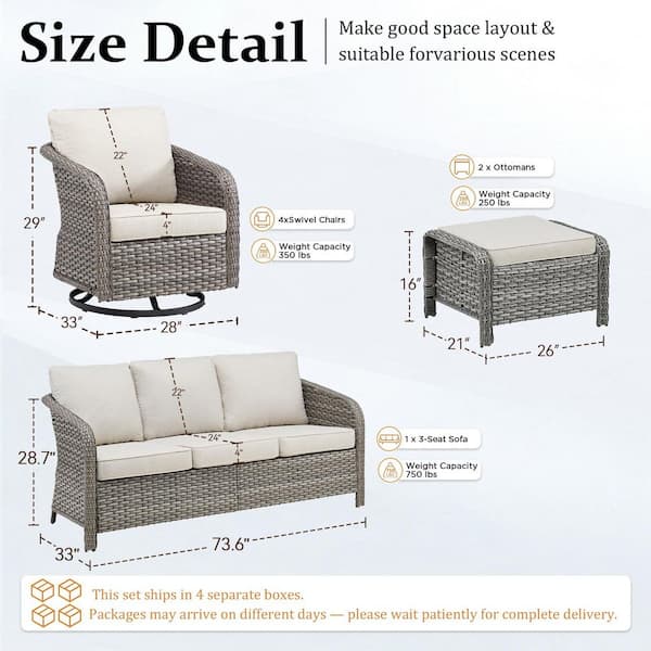 NestBarrel Light Gray Wicker Swivel Chair Patio Conversation Set with Olefin Beige 4 in. Thick Cushions (7-Piece)