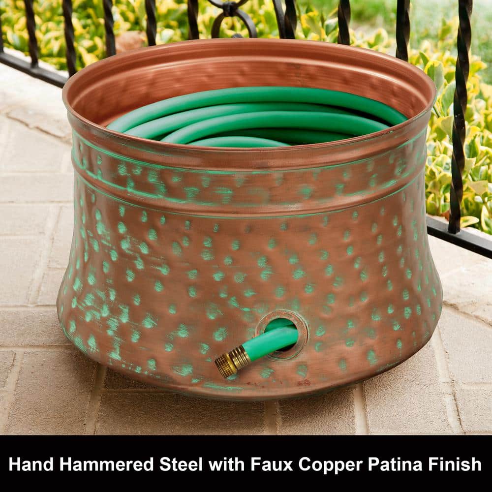 Hand-Hammered Patina Copper Garden Hose Storage Pot