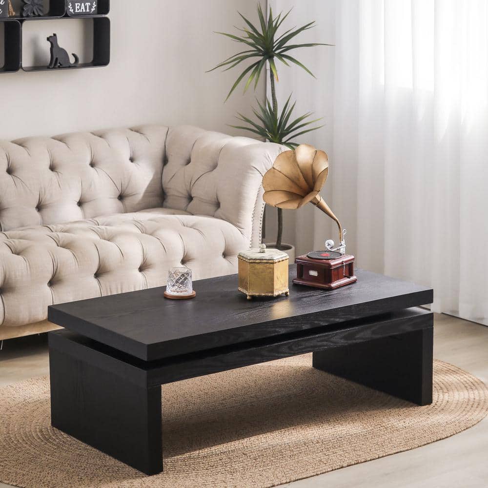 47.6 in. Black Rectangle Wood Modern Coffee Table Cocktail Tea Table