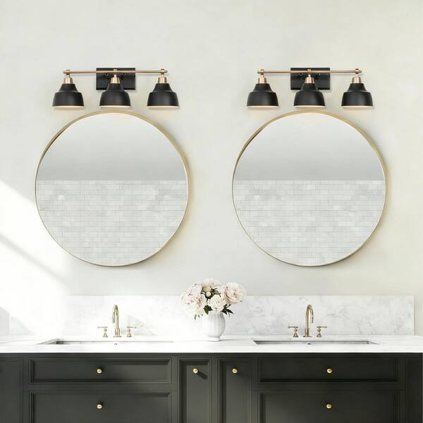 24.5 in. 3-Light Modern Black Bell Vanity Light, Gold Bathroom Light Fixture, Wall Sconce with White Inner Metal Shades