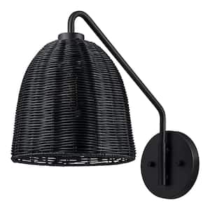 Highler 1-Light Matte Black Wall Sconce with Black Rattan Shade