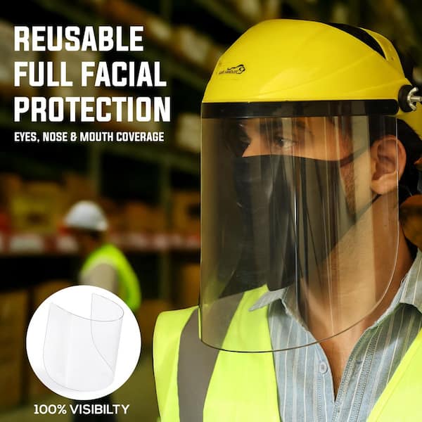 Full Face Safety Face Shield with Clear Polycarbonate Hard Visor, Lightweight and Reusable Headgear, Yellow (2-Pack)