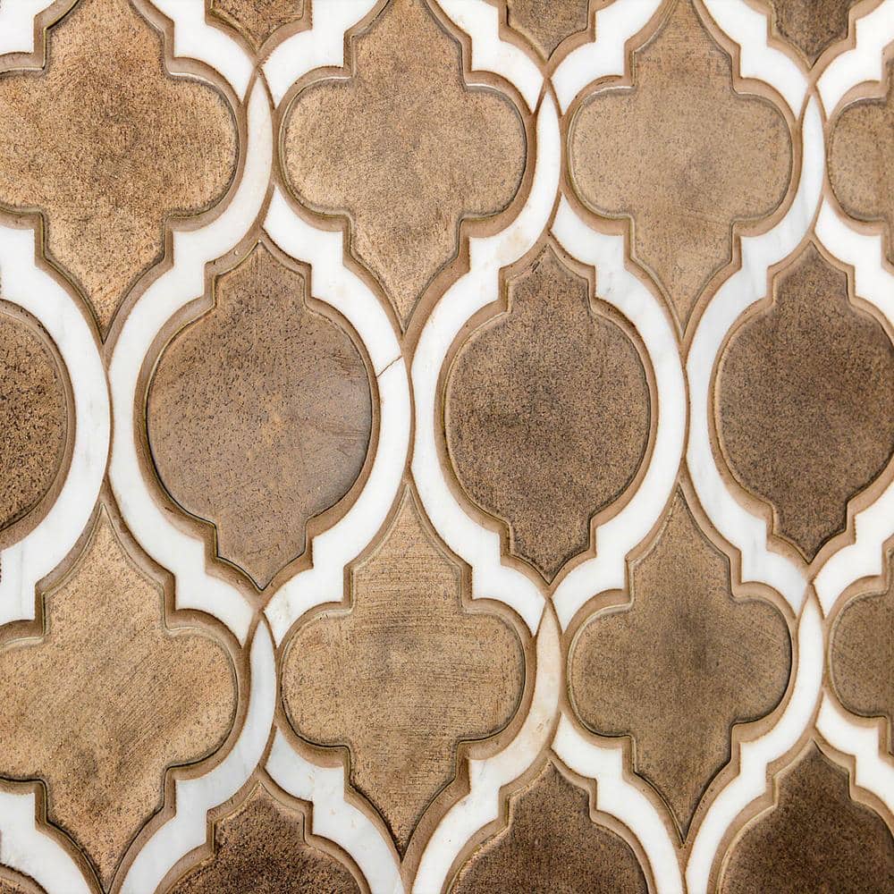 Metallic Copper and White Ceramic Arabesque Mosaic Tile Sheet