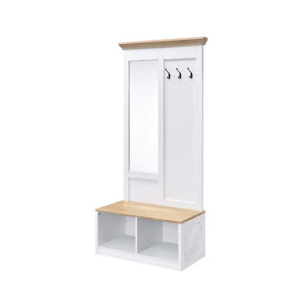 Benjara White and Brown Hall Tree with Body Length Mirror and Bench Seat