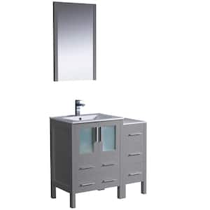 Torino 36 in. Bath Vanity in Gray with Ceramic Vanity Top in White with White Basin with Side Cabinet and Mirror