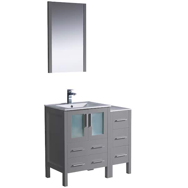 Fresca Torino 36 in. Bath Vanity in Gray with Ceramic Vanity Top in White with White Basin with Side Cabinet and Mirror