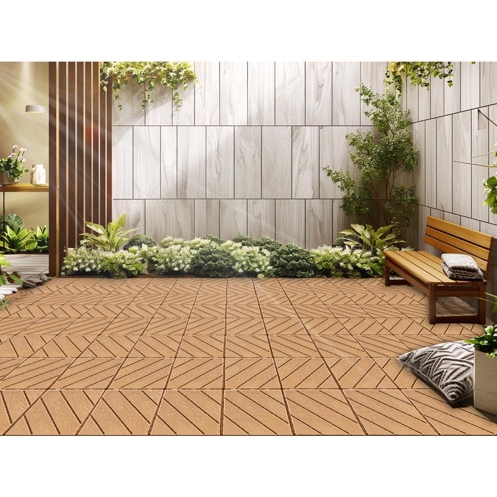 12x12 in Wood Color Interlocking Plastic Composite Deck Tiles, Set of 35