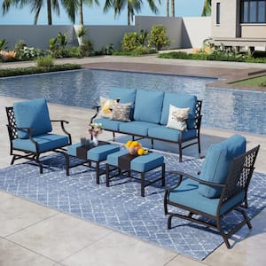 Black 5-Piece Metal Meshed 7-Seat Outdoor Patio Conversation Set with Denim Blue Cushions,2 Motion Chairs and 2 Ottomans