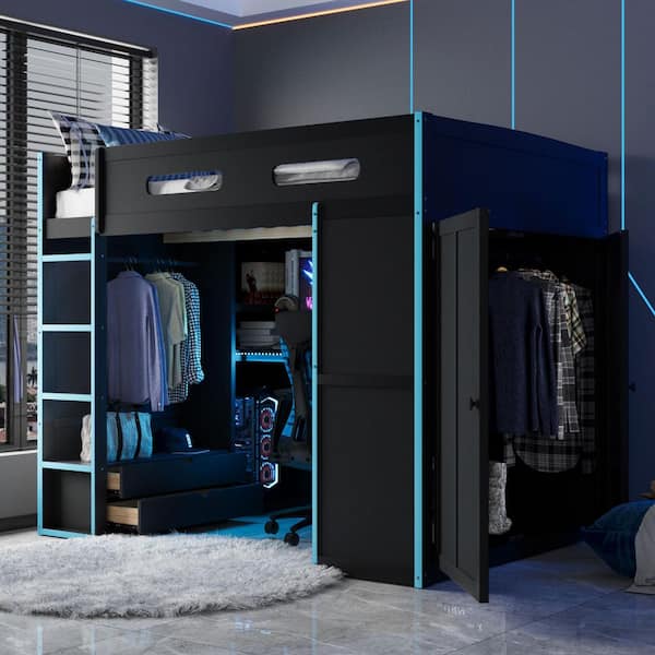 Blue Full Wood Loft Bed with Desk, Wardrobe, Ample Storage Space, and RGB LED Light