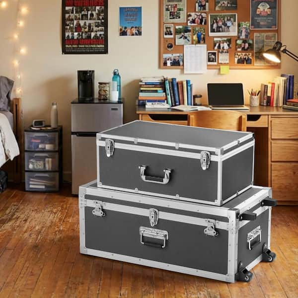 SKYSHALO Set of 2 Metal Storage Trunks, Wooden Boxes with 30.04 in
