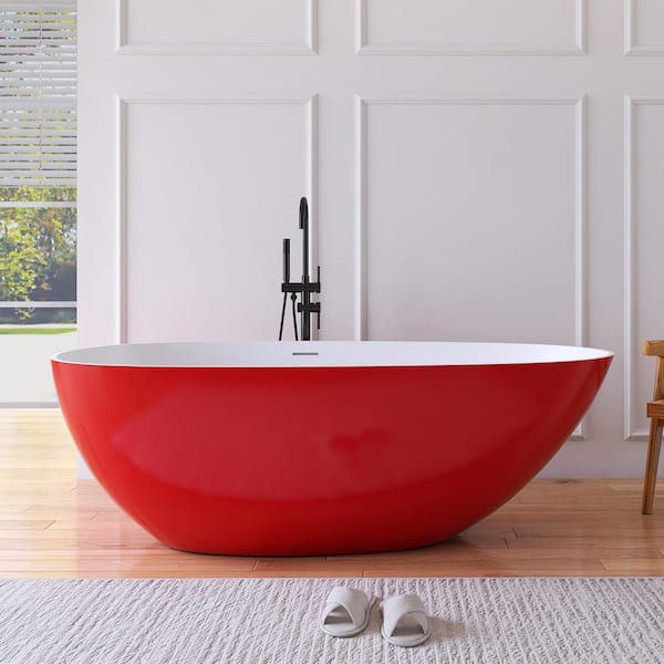 MEDUNJESS Luna 67 in. x 33.5 in. Stone Resin Solid Surface Flatbottom Freestanding Soaking Bathtub in White Inside and Red Outside