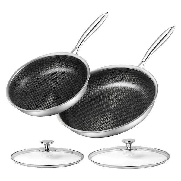 10 in and 12 in Stainless Steel Nonstick Honeycomb Coating Skillet Frying Pan Set with Lid for Induction Gas