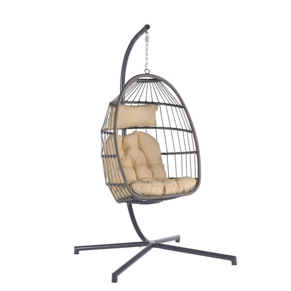 Unbranded 1-Person Brown Wicker Chic Foldable Patio Swing with Beige Cushion
