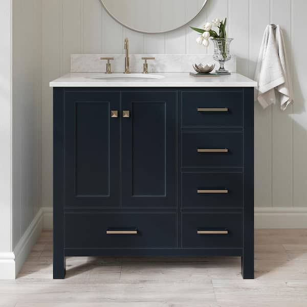 ARIEL Cambridge 36 in. Single Sink Freestanding Bathroom Vanity in Midnight Blue with Carrara White Marble Top