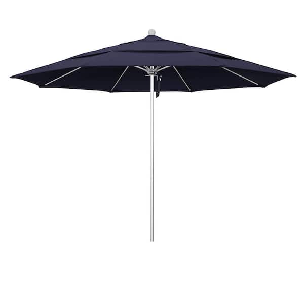 California Umbrella 11 ft. Silver Aluminum Commercial Market Patio Umbrella with Fiberglass Ribs and Pulley Lift in Navy Blue Sunbrella