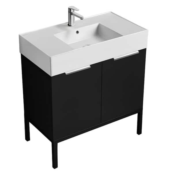 Nameeks Derin 31.9 in. W x 17.3 in. D x 34.65 in. H Modern Bathroom Vanity in Matte Black With White Ceramic Top