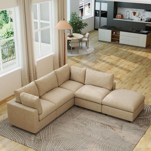 100 in. Square Arm 5-Piece Chenille L-Shaped Sectional Sofa Rearrangeable Solid Wood Cloud Couch in. Khaki with Ottoman