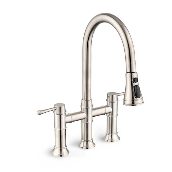 Double Handle Bridge Kitchen Faucet in Brushed Nickel