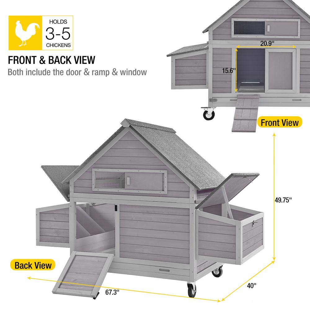 Gray Wooden Portable Chicken Coop with Wheels and Nesting Box