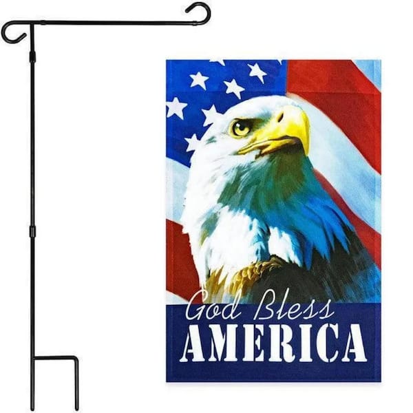 Cubilan Combo Pack Garden Flag Stand Black 36x16 in. and Garden Flag God Bless America USA Flag with Eagle 12x18 in.