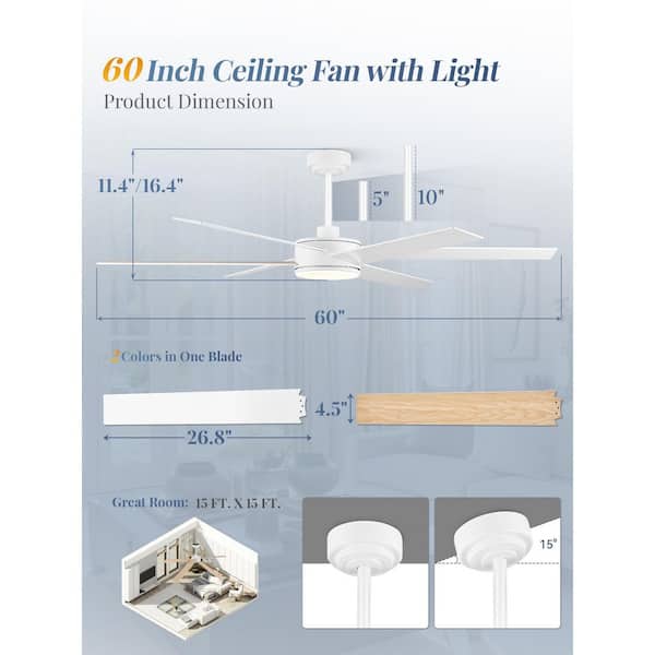 60 in. Outdoor/Indoor White Large Ceiling Fan with Dimmable Lights and Remote/APP Control, 3-CCT, 6-Speeds, DC Montor
