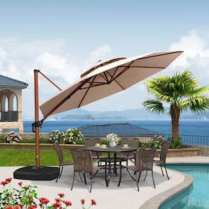 12 ft. Octagon High-Quality Wood Pattern Aluminum Cantilever Polyester Patio Umbrella with Wheels Base, Beige