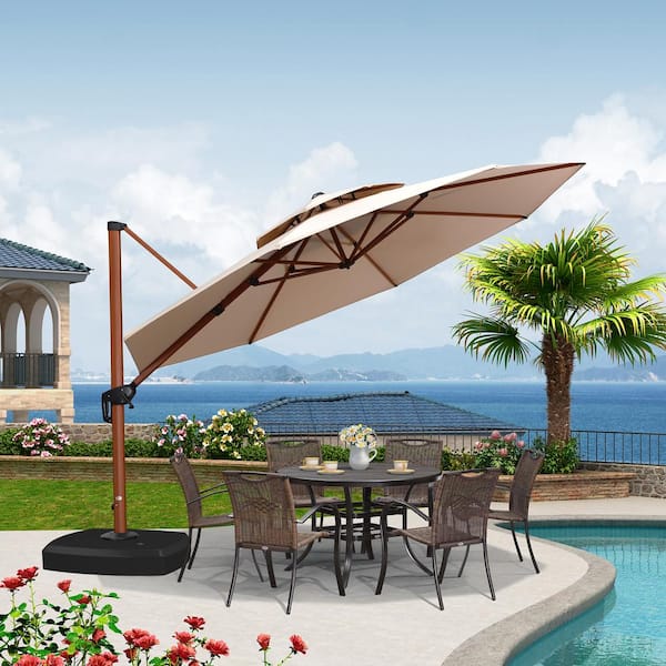 PURPLE LEAF 12 ft. Octagon High-Quality Wood Pattern Aluminum Cantilever Polyester Patio Umbrella with Wheels Base, Beige