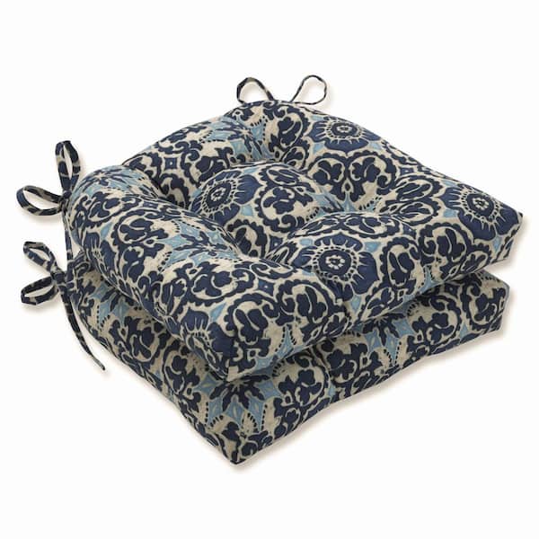 Pillow Perfect 17.5 in. x 17 in. Outdoor Dining Chair Cushion in Blue/Tan (Set of 2)