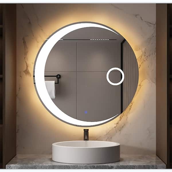 Staykiwi 24 in. W x 24 in. H Round Frameless Anti-Fog Dimmable Wall Bathroom Vanity Mirror in Silver